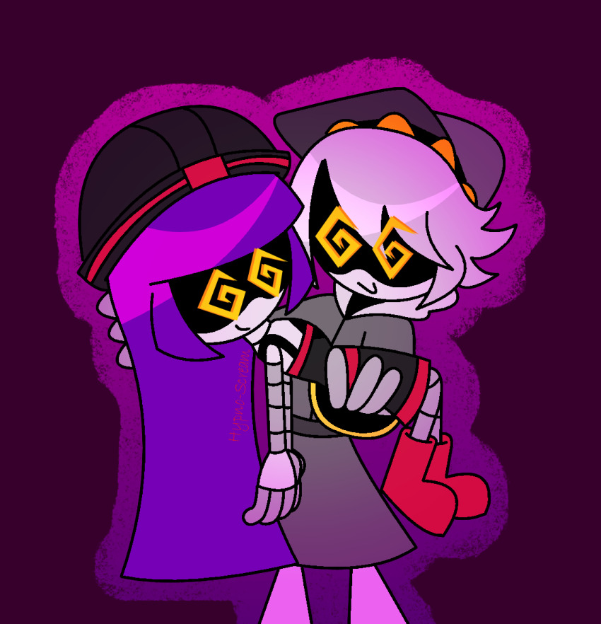 bare_shoulders boots carrying coat doll_(murder_drones) dress femsub gradient_background grey_skin happy_trance hat helmet hypnoscream hypnotic_eyes hypnotized_dom hypnotized_hypnotist long_hair love maledom malesub multiple_subs murder_drones purple_background purple_hair robot robot_boy robot_girl serial_designation_n short_hair silver_hair simple_background skirt smile spiral_eyes straight-cut_bangs yellow_eyes