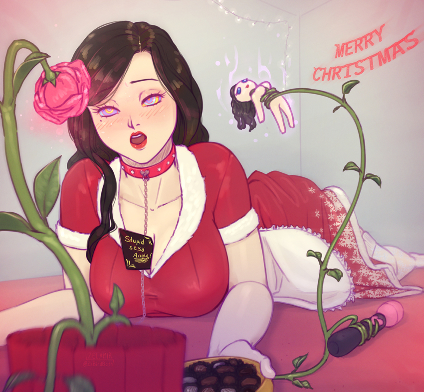 angle_(zelamir) black_hair blush brown_hair chains christmas clothed collar collarbone hypnotic_flower large_breasts leash lipstick long_hair lying makeup open_mouth original red_lipstick spiral_eyes tagme text vibrator zelamir