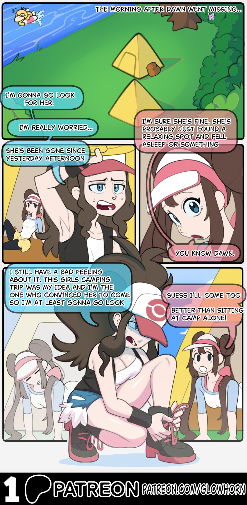 absurdres all_fours blue_eyes brown_hair clothed comic dialogue forest glowhorn hair_buns hat hilda large_breasts looking_at_viewer nintendo plant pokemon psyduck rattata rosa_(pokemon) scared shirt shoes skirt sweat tights trees