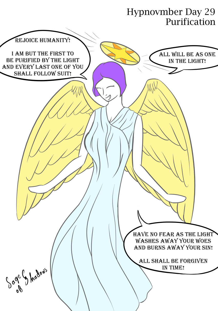 angel angel_girl dialogue eve_(poppetkisses) femsub halo hypnovember original purification purple_hair robe sage_of_shadows smile text wings