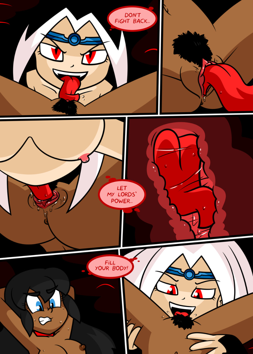 arms_above_head caption collar comic crown cunnilingus dark_skin female_only femdom femsub long_hair nude nun pussy restrained spread_legs tentacles tongue white_hair witch xierra099 yuri