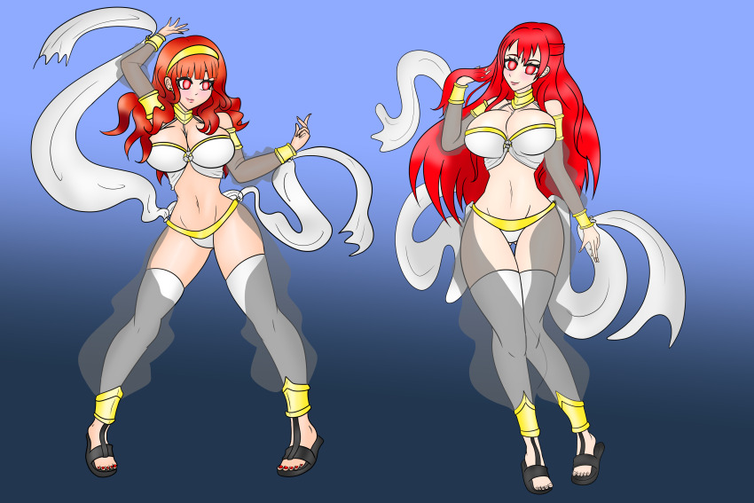 alternate_costume alternate_hair_color breasts celica_(fire_emblem) cleavage corruption dancer dancing eye_color_change female_only femsub fire_emblem fire_emblem_echoes fire_emblem_gaiden fire_emblem_radiant_dawn hair_color_change harem_outfit large_breasts long_hair looking_at_viewer micaiah midriff navel nintendo red_eyes red_hair sandals sleepy_kai thighhighs thighs very_long_hair