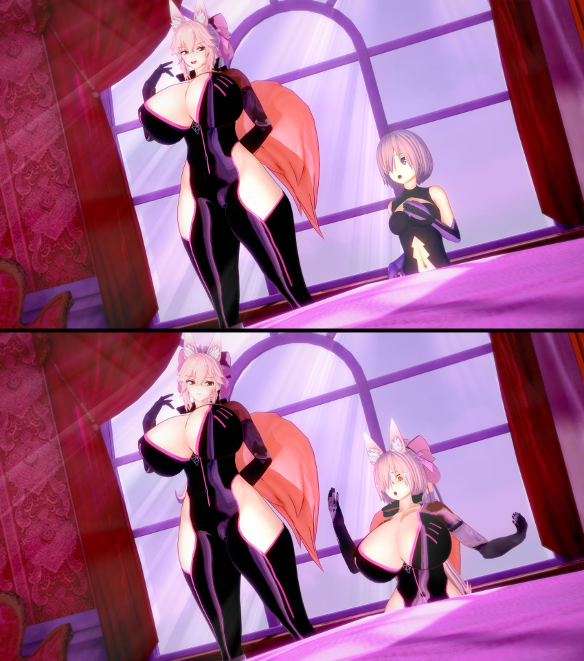 3d absurdres alternate_costume before_and_after bodysuit breast_expansion cleavage complex_background corruption empty_eyes enemy_conversion evil_smile eyebrows_visible_through_hair fate/grand_order fate_(series) female_only femdom femsub fox_ears fox_girl fox_tail glasses gloves goddess growth hair_covering_one_eye hair_growth hair_ribbon hip_vents huge_breasts koyanskaya long_hair mashu_kyrielight midriff multiple_girls navel next_yucoru_s opera_gloves pink_hair purple_eyes ribbon sequence short_hair smile surprised tail thighs tight_clothing transformation yellow_eyes zipper