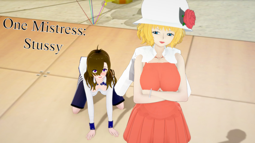 3d all_fours aware blonde_hair blue_eyes brown_hair clothed cover cyanstargazer english_text female_only long_hair multiple_girls one_piece purple_eyes short_hair stussy_(one_piece) text