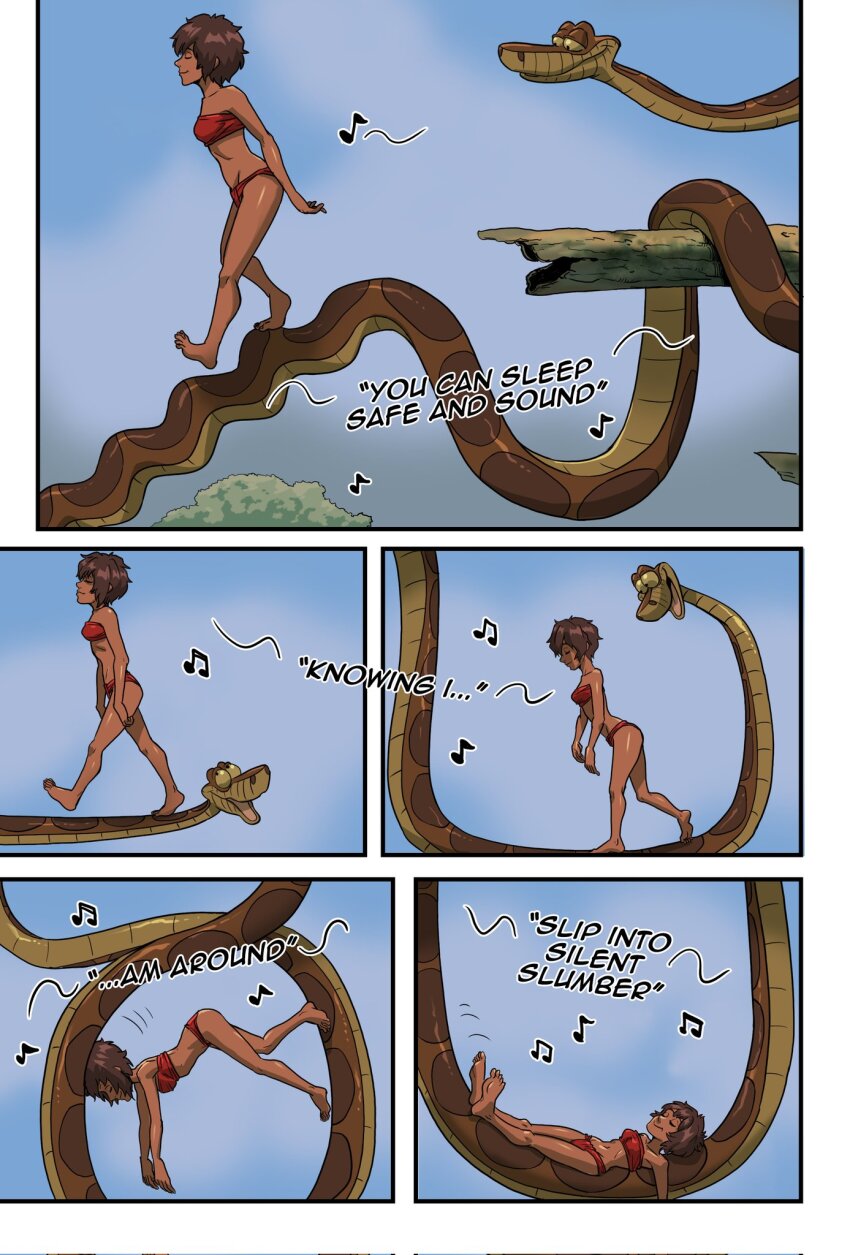 closed_eyes coil_loop_walk coil_slide coils comic dark_skin disney ewder femsub genderswap happy_trance hypnotized_walking kaa maledom mowgli singing snake text the_jungle_book