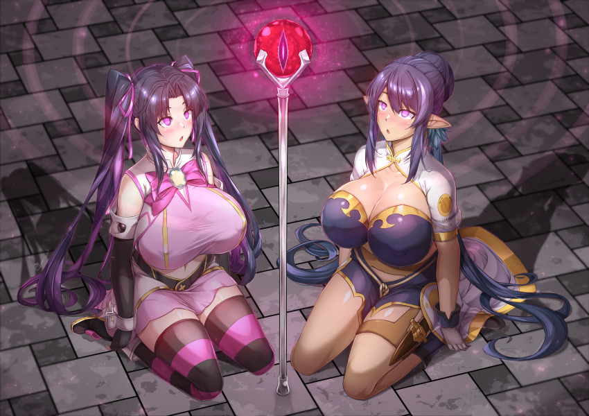 absurdres black_hair bow cigarcat cleavage dazed elf_ears empty_eyes female_only femsub fingerless_gloves gloves glowing hair_ribbon high_school_dxd huge_breasts judith_(tales) kneeling midriff multiple_girls multiple_subs open_mouth original pink_eyes purple_eyes purple_hair serafall_leviathan skirt staff staff_of_ayenos_(hizarther) tales_of_(series) tales_of_vesperia thighhighs twintails very_long_hair