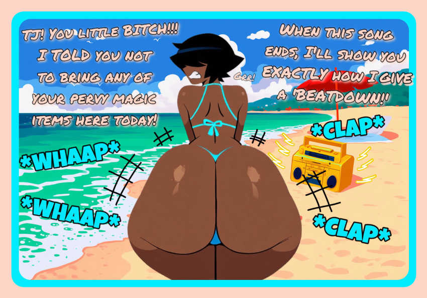 ai_art ass ass_focus bangs beach bikini bikini_bottom bikini_top black_hair body_control clothed_exposure dark_skin english_text female_only femsub golden_boombox_(prevence) hair_covering_both_eyes huge_ass hypnofantasy_(generator) hypnotic_audio hypnotic_music original pov pov_dom resisting short_hair solo text twerk unhappy_trance