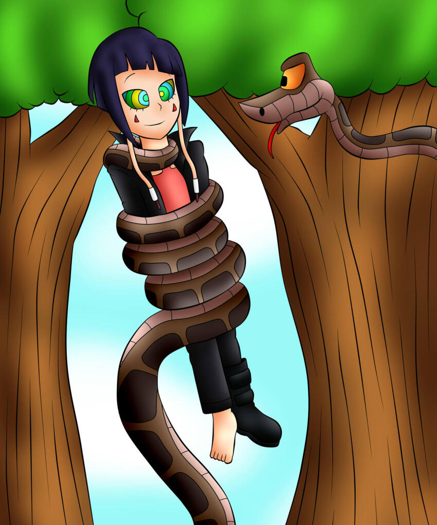 bangs barefoot black_eyes black_hair clothed coils crossover disney femsub forest happy_trance jacket jerrydestrtoyer kaa kaa_eyes kyoka_jiro my_hero_academia outdoors pants restrained shirt shoes short_hair smile snake the_jungle_book yellow_sclera