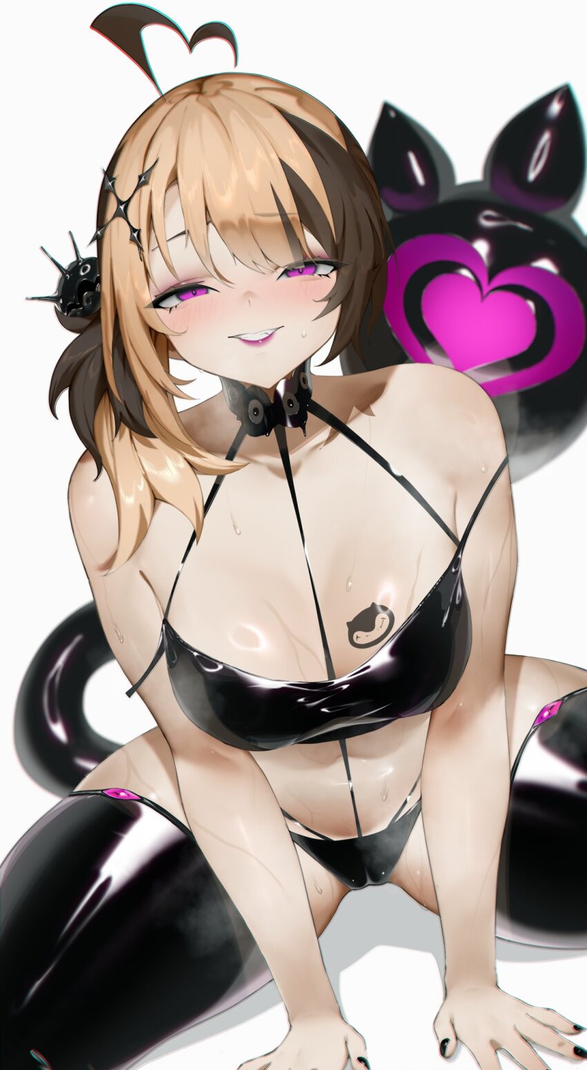 black_bra black_nail_polish black_panties blonde_hair brown_hair choker cleavage corruption enemy_conversion femdom gigi_murin hair_ornament happy_trance heart_eyes hololive hololive_english ink kuusairieko latex leggings pink_eyes pink_lipstick side_ponytail solo tail tank_top tattoo tight_clothing virtual_youtuber white_background