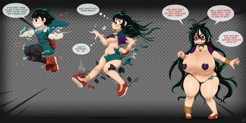 anklet breasts clothed color corruption dialogue earrings enemy_conversion english_text feminization femsub gloves gold green_hair high_heels izuku_midoriya jewelry light_skin long_hair malesub mentalcrash my_hero_academia necklace panties pasties red_eyes sharp_teeth shoes short_hair shortstack solo super_hero text transformation