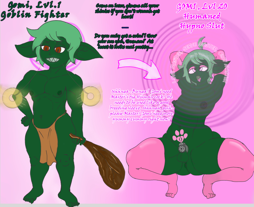 ahegao anus armpits arms_above_head balls bare_legs barefoot before_and_after brain_drain chastity collarbone crossed_eyes crotch_tattoo erect_nipples eyeshadow gameplay_mechanics gloves goblin goblin_boy green_hair green_skin hand_on_hip instant_loss latex lewdinvention loincloth makeup male_only maledom malesub mantra mind_break navel nipples open_mouth opera_gloves pendulum pink_background pink_eyes red_eyes sharp_teeth short_hair simple_background small_penis spiral spread_legs squatting tattoo text thighhighs tongue tongue_out weapon