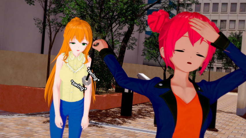 3d empty_eyes english_text female_only femdom femsub freckles green_eyes hailey_(liz_b) hair_buns jacket jeans jujutsu_kaisen koikatsu! latina leaning_forward lipstick liz_b meme orange_hair original pendulum red_hair tan_skin veronica_(liz_b)