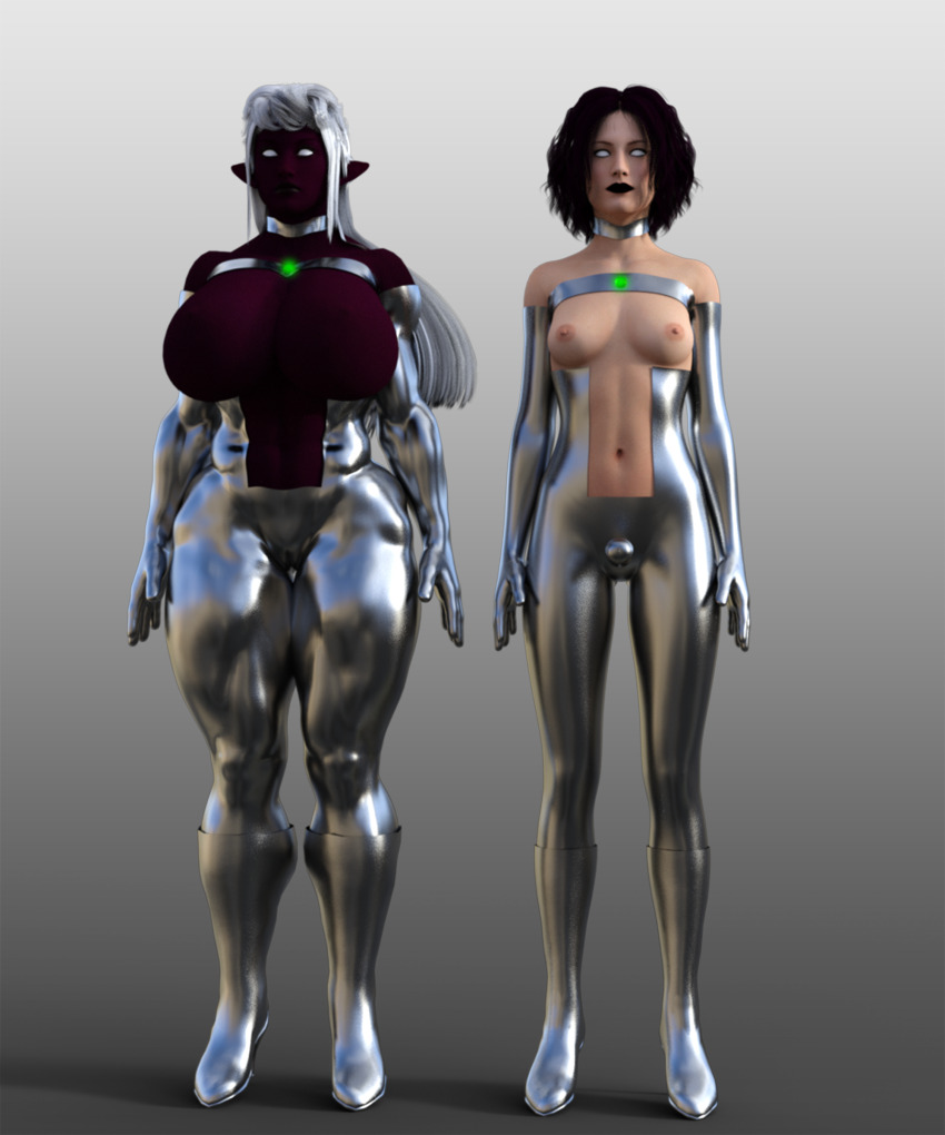 3d dee_(theheckle) elf elf_ears elkantar_rostorgh_(samuraicowboy231) fembot graybot large_breasts penis purple_skin robot robotization standing_at_attention theheckle transgender whitewash_eyes