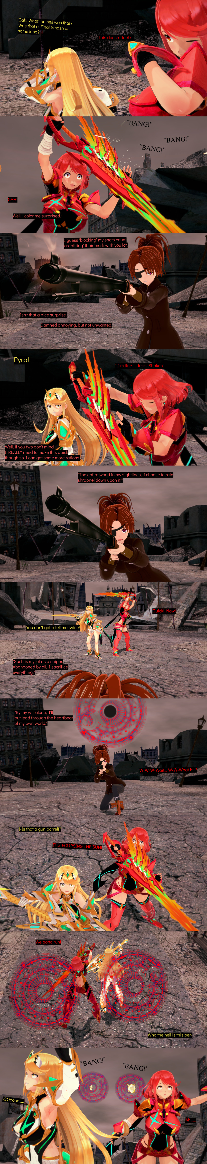 absurdres aware blonde_hair clothed confused cyanstargazer dialogue english_text eyepatch female_only gun long_hair multiple_girls mythra_(xenoblade) nintendo pyra_(xenoblade) red_eyes red_hair short_hair super_smash_bros. sword teleportation text weapon xenoblade_chronicles xenoblade_chronicles_2 yellow_eyes