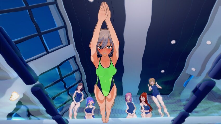 3d brown_hair femsub haigure_ayami haigure_ayami_(artist) happy_trance heart_eyes leotard original school_swimsuit