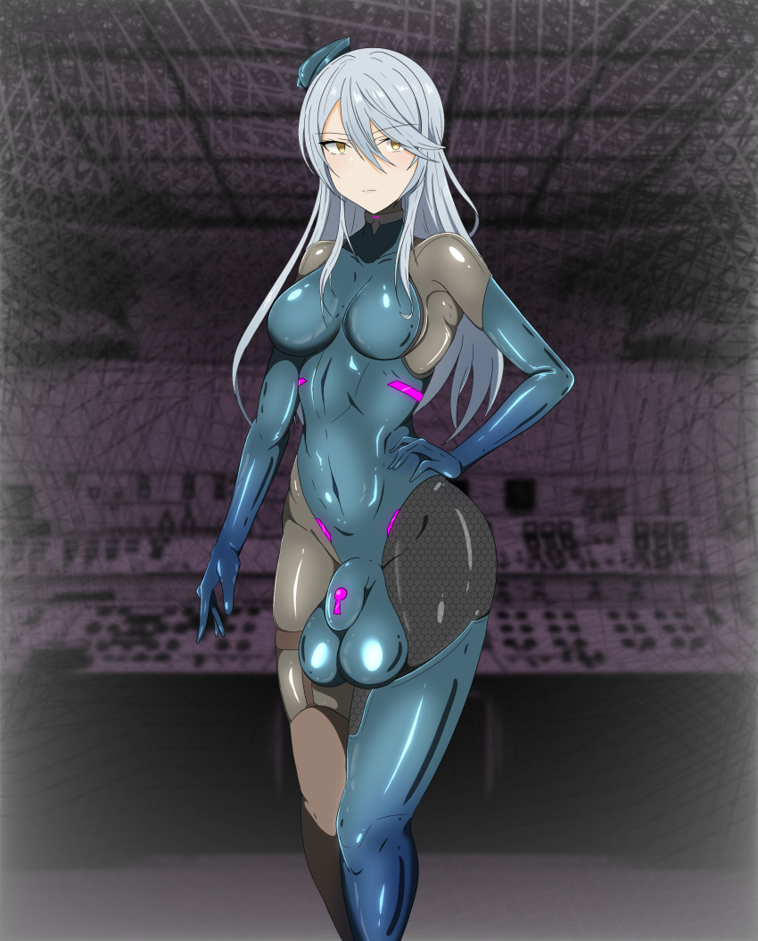 blue_hair bodysuit breasts empty_eyes expressionless futanari futasub gloves hair_ornament hand_on_hip long_hair lyfe_bestla opera_gloves pad_lock rubber snowbreak thigh_boots thighhighs tight_clothing vicebossjon yellow_eyes