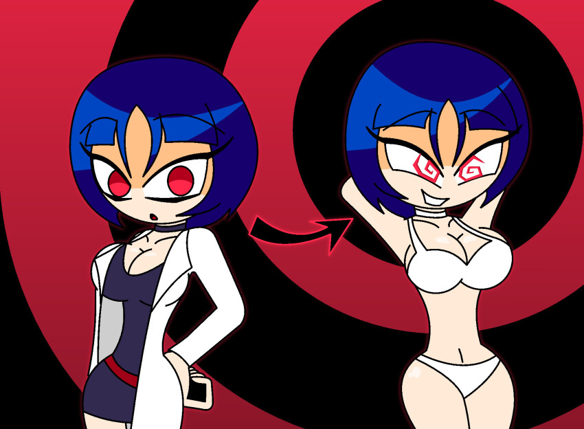 armpits arms_above_head bare_legs before_and_after belt bikini blue_hair choker cleavage dress empty_eyes eyebrows_visible_through_hair female_only femsub hand_on_hip happy_trance hourglass_figure hypnoscream lab_coat large_breasts persona_(series) persona_5 red_eyes ring_background short_hair sideboob smile solo spiral_eyes tae_takemi tight_clothing undressing wide_hips