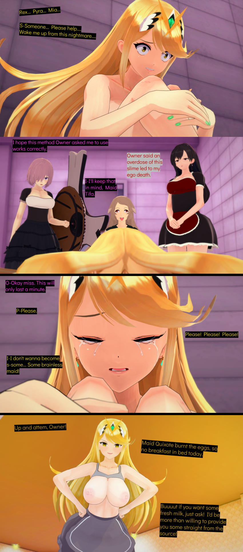 3d bare_breasts black_hair blonde_hair cyanstargazer empty_eyes fate/grand_order fate_(series) femsub final_fantasy final_fantasy_vii happy_trance huge_breasts large_breasts long_hair maid mashu_kyrielight mushoku_tensei mythra_(xenoblade) nintendo nipples pet_play pursena tifa_lockhart xenoblade_chronicles xenoblade_chronicles_2