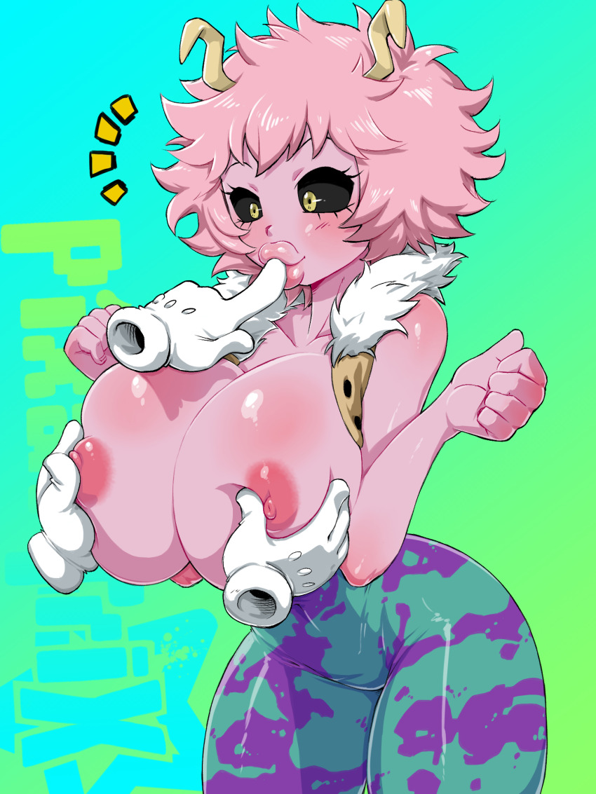 bimbofication black_sclera brain_drain breast_grab breasts femsub groping happy_trance huge_breasts mina_ashido my_hero_academia pink_hair pink_skin pixaltrix smile topless