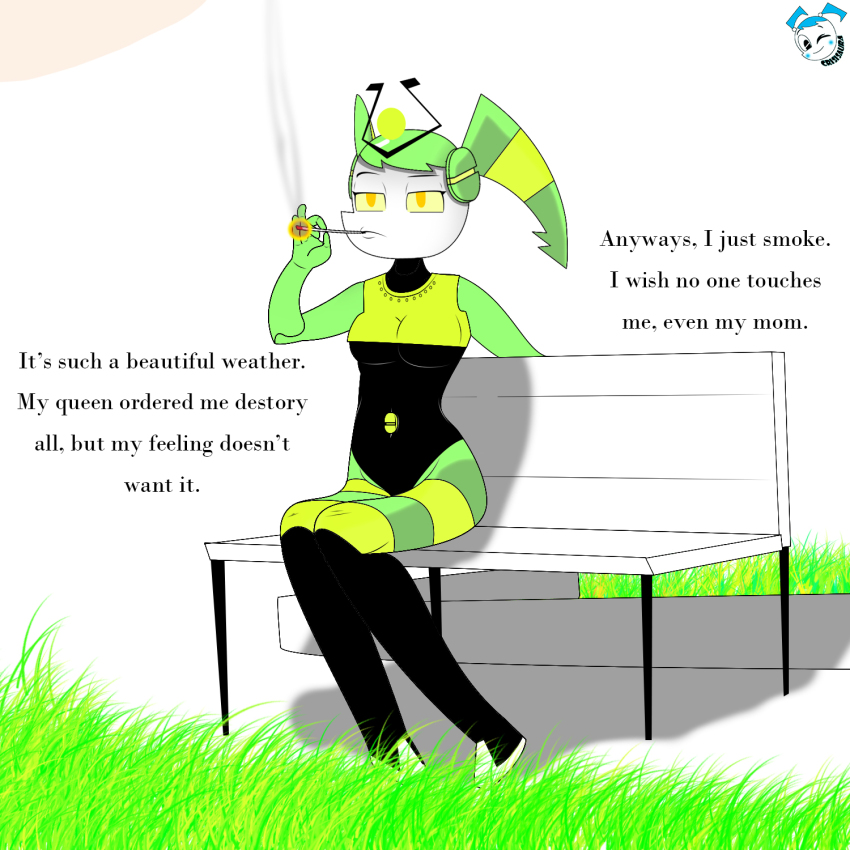 breasts corruption crisisaura jenny_wakeman large_breasts latex my_life_as_a_teenage_robot nickelodeon robot robot_girl sitting smoke smoking text thighs yellow_eyes