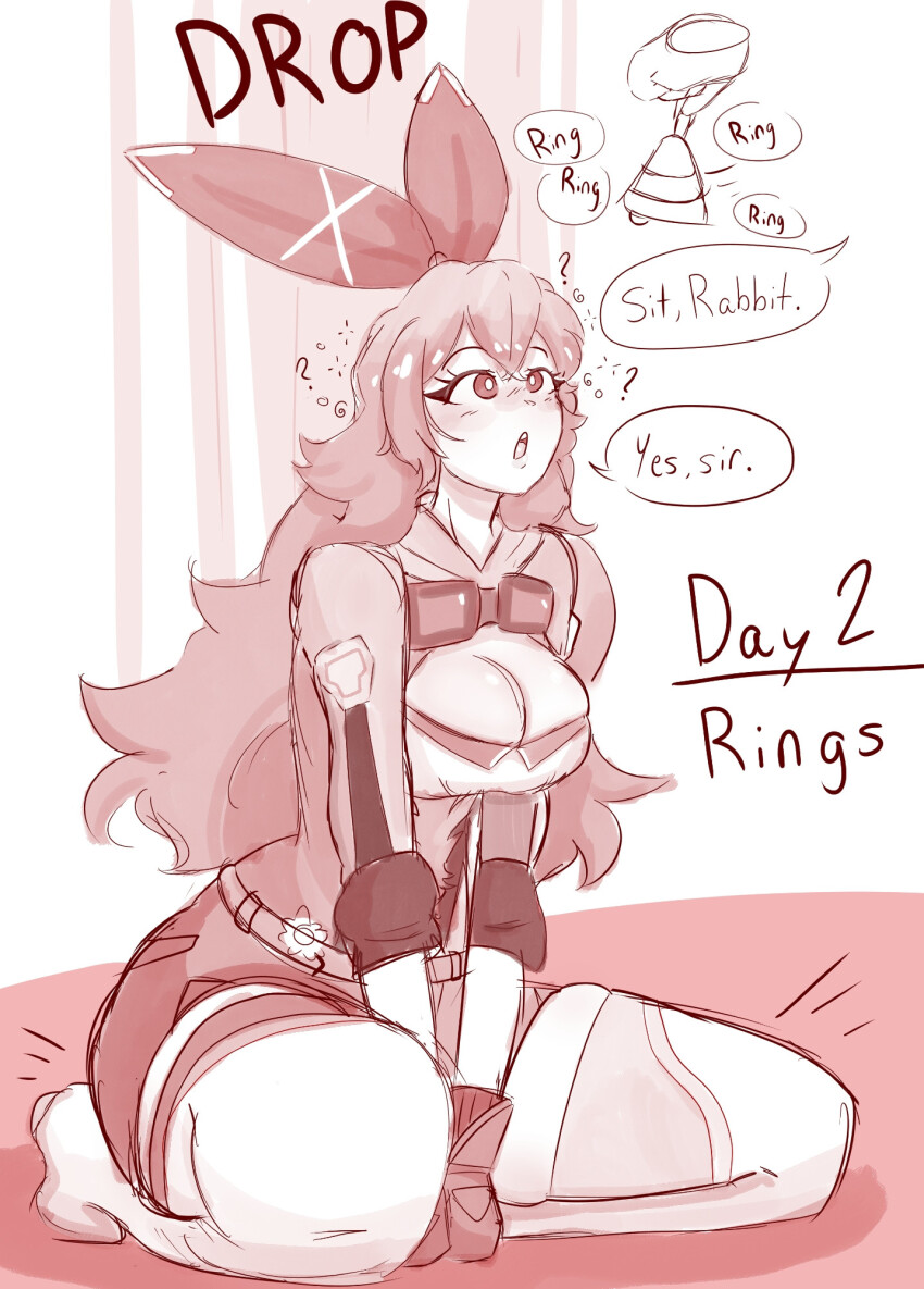 a_singular_fish amber_(genshin_impact) bell belt blush cleavage cleavage_cutout confused female_only femsub genshin_impact glasses good_sub_conditioning hair_ribbon hypnotic_audio hypnovember kneeling large_breasts legs long_hair open_mouth pet_play red_eyes ribbon shorts sitting solo sweater thick_thighs thighhighs wide_hips