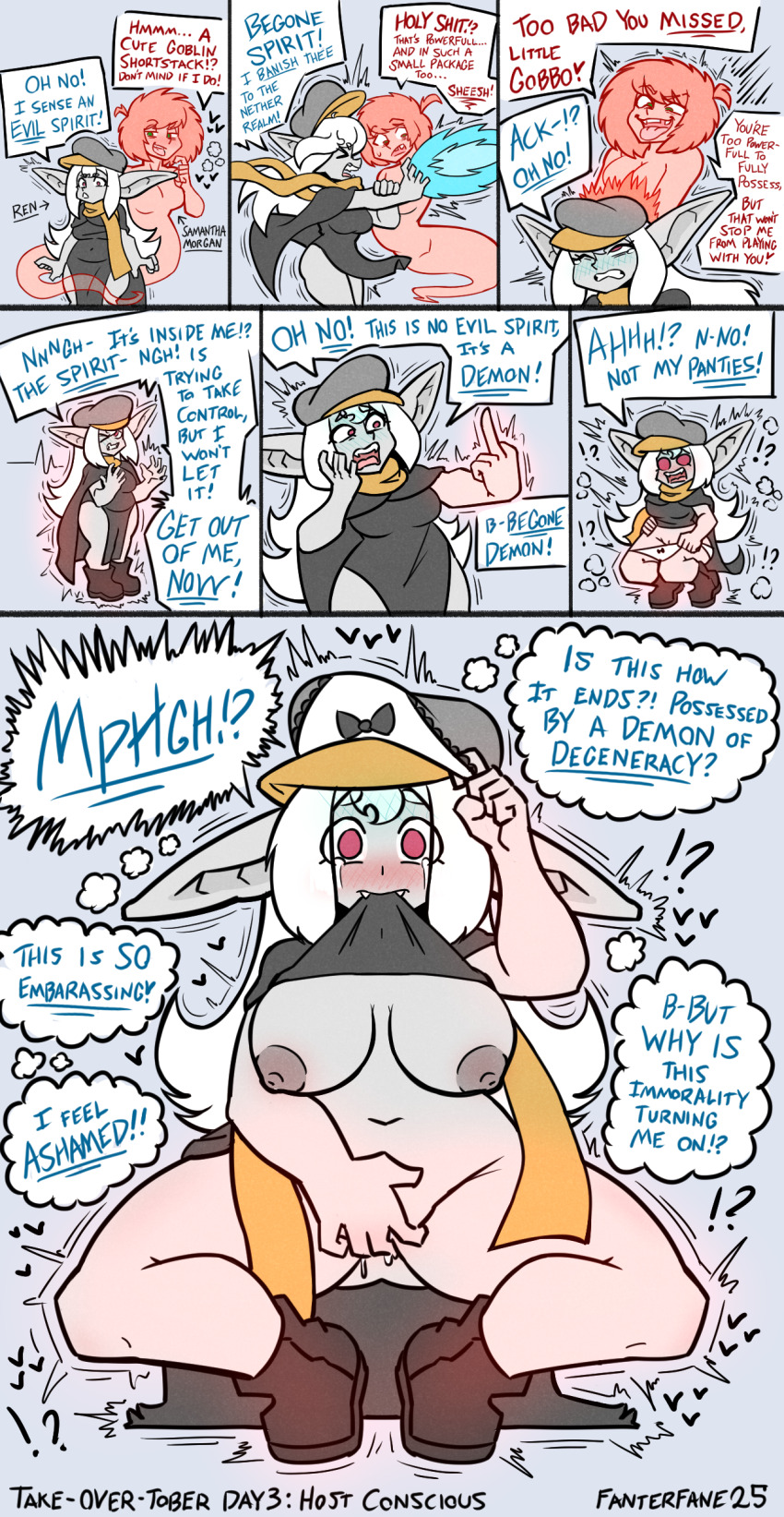 absurdres aware blush body_control character_request comic dialogue english_text eyebrows_visible_through_hair fanterfane female_only femdom femsub fingering goblin goblin_girl hat heart magic middle_finger mouth_hold original panties_on_head possession pussy_juice red_eyes red_skin ren_the_goblin robe samantha_morgan scarf speech_bubble squatting surprised symbol tears thought_bubble underwear