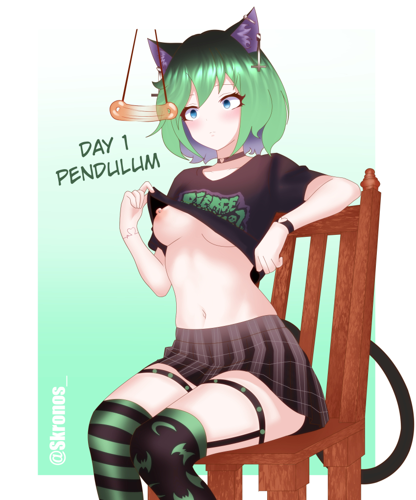 absurdres cat_ears cat_girl cat_tail chair earrings empty_eyes expressionless femsub green_hair hypnovember kronobas28 nipple_piercing nipples no_bra original pendulum piercing shirt_lift sinead_(kronobas28) sitting
