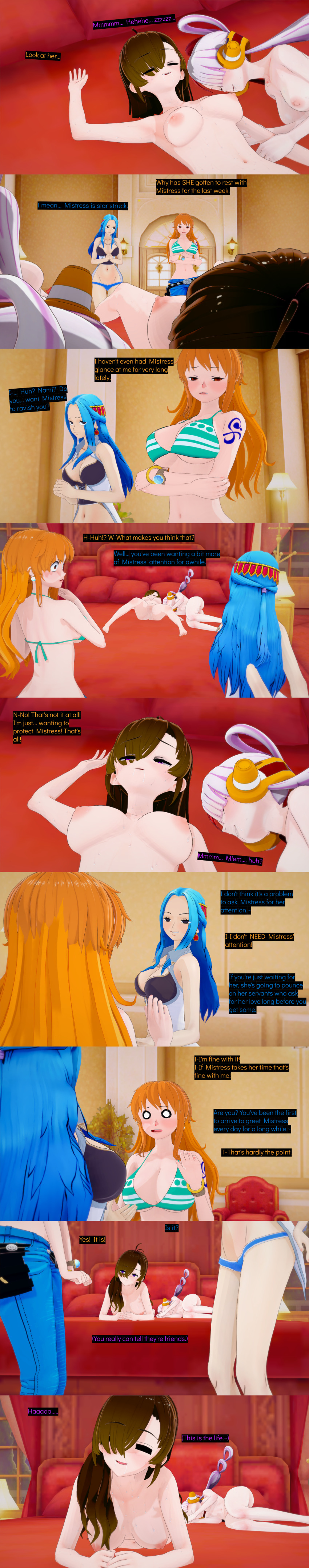 absurdres awakening bed bedroom bikini bikini_top black_eyes blue_hair breasts brown_hair censored closed_eyes clothed cyanstargazer dialogue english_text female_only femdom femsub jeans long_hair multiple_girls multiple_subs nami_(one_piece) nefertari_vivi nipples nude one_piece orange_eyes orange_hair purple_eyes pussy red_hair sleeping text uta_(one_piece) white_hair