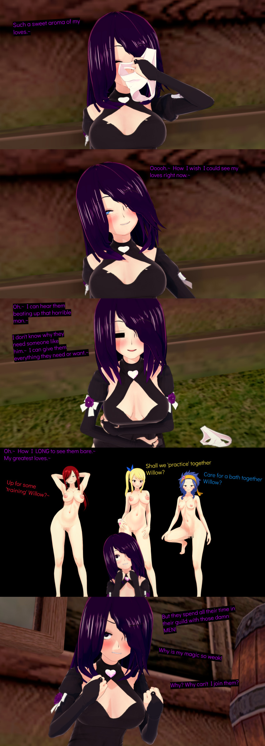 absurdres angry aware black_eyes black_hair blonde_hair blue_eyes blue_hair blush breasts censored clothed cyanstargazer dialogue english_text erza_scarlet fairy_tail female_only freckles levy_mcgarden long_hair lucy_heartfilia multicolored_eyes multiple_girls nipples nude panties posing purple_eyes pussy red_eyes red_hair short_hair text