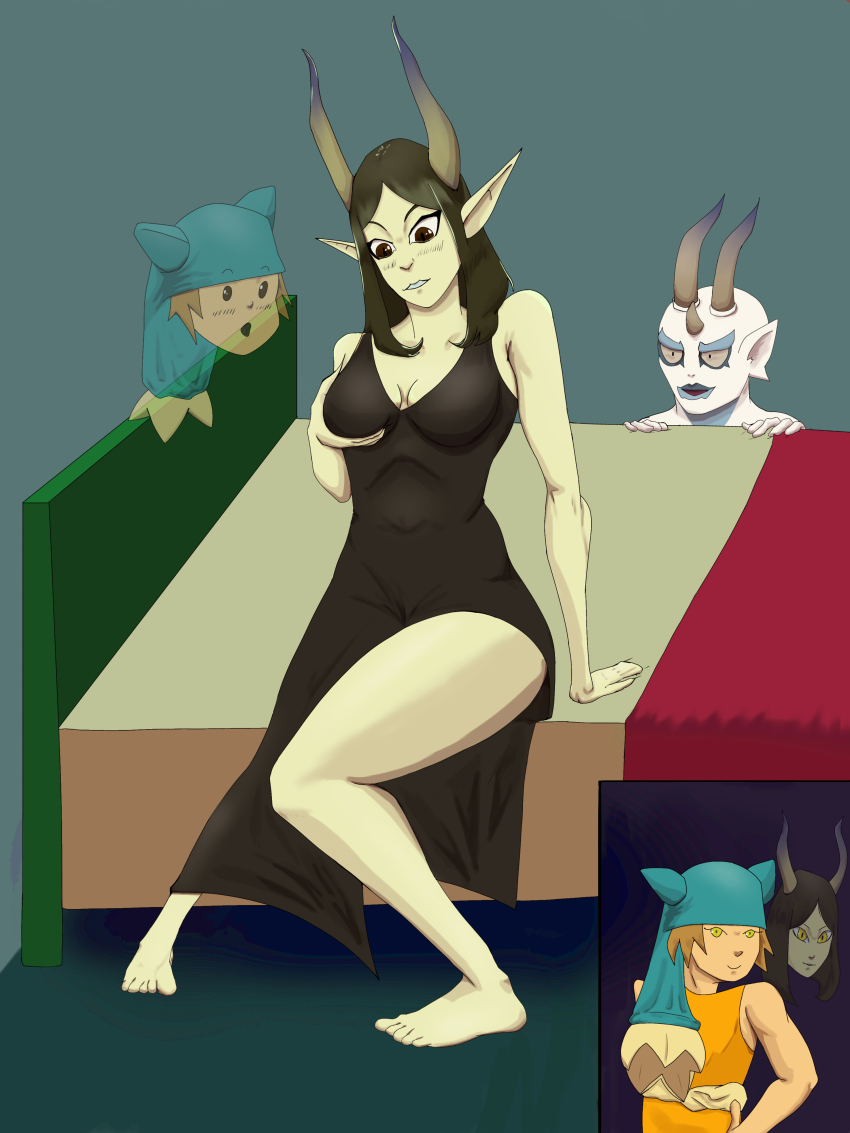 adamai bare_legs barefoot bed black_eyes black_hair blush body_swap breast_fondling breast_grab brown_hair cleavage dress elf_ears evil_smile femdom happy_trance hat holding_breasts horns lady_echo legs long_hair looking_at_viewer malesub sitting slit_pupils smile snah182_(copycat) surprised wakfu white_skin yellow_eyes yellow_sclera yugo_(wakfu)