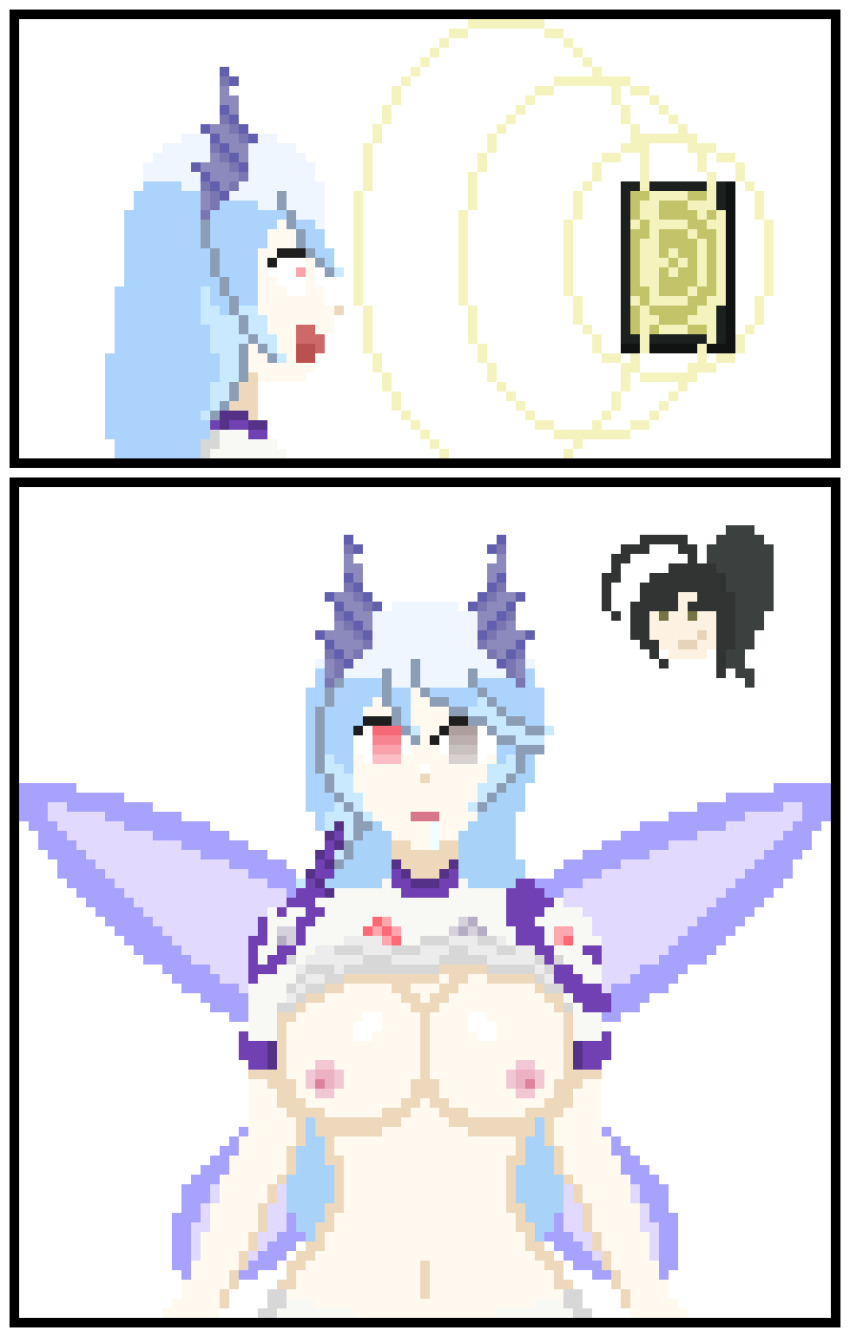 black_hair blue_hair breasts_outside cat_tail cell_phone empty_eyes femdom femsub grey_eyes horns hypnotic_screen nyarukavt original pink_eyes pixel_art shizu_thotep sisters white_hair wings yami_thotep yellow_eyes