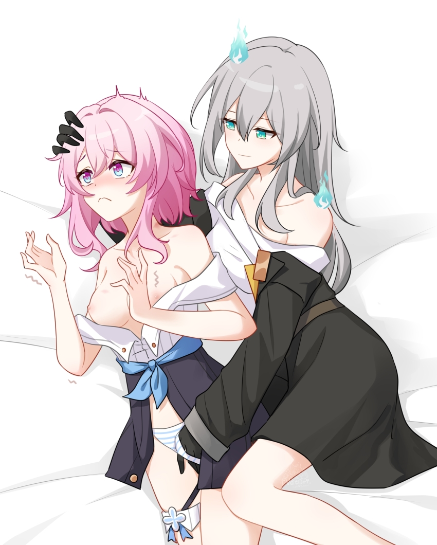 aura bare_breasts bare_legs bed blue_eyes blush breasts cirrus_(honkai_star_rail) cleavage embarrassed femdom femsub fingering gloves glowing_eyes green_eyes grey_hair happy_trance honkai_star_rail hypnotized_dom legs long_hair lying march_7th_(honkai_star_rail) natori_biu nipples open_clothes open_shirt panties pink_eyes pink_hair possession short_hair smile stelle_(honkai_star_rail) topless underwear undressing yuri