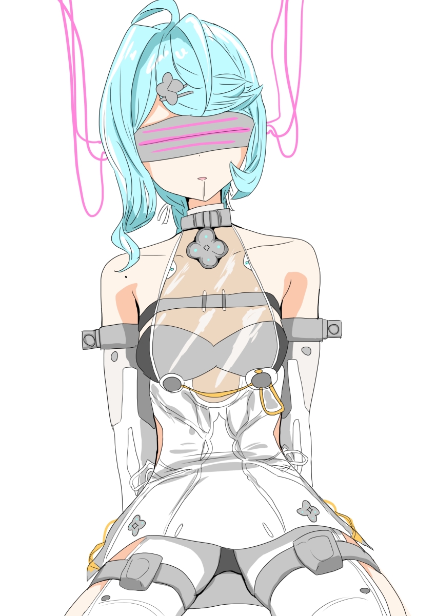 ahoge atlasofa bare_shoulders blue_hair braid cables corruption dress drool expressionless female_only femsub garter gloves hair_ornament opera_gloves see-through seed_(zenless_zone_zero) simple_background sitting solo spread_legs tech_control visor wires zenless_zone_zero