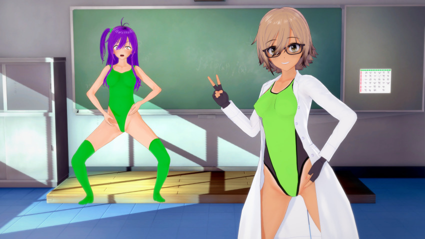 3d body_control coat femdom femsub glasses haigure haigure_ayami haigure_ayami_(artist) leotard long_hair original short_hair swimsuit unhappy_trance