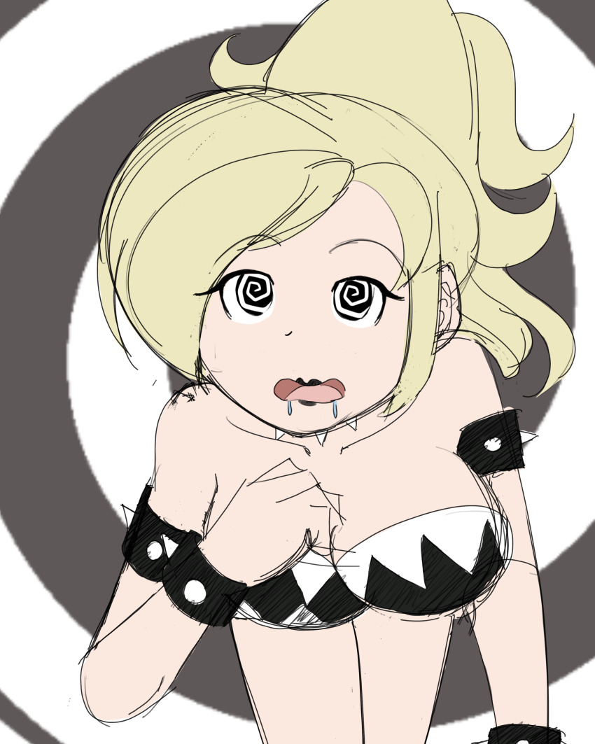 absurdres arm_bands black_lipstick blonde_hair breasts collar cuffs drool expressionless femsub garter garter_straps goth krackyart large_breasts lipstick makeup original simple_background spiral spiral_eyes studded_collar symbol_in_eyes trippy_(trippy)