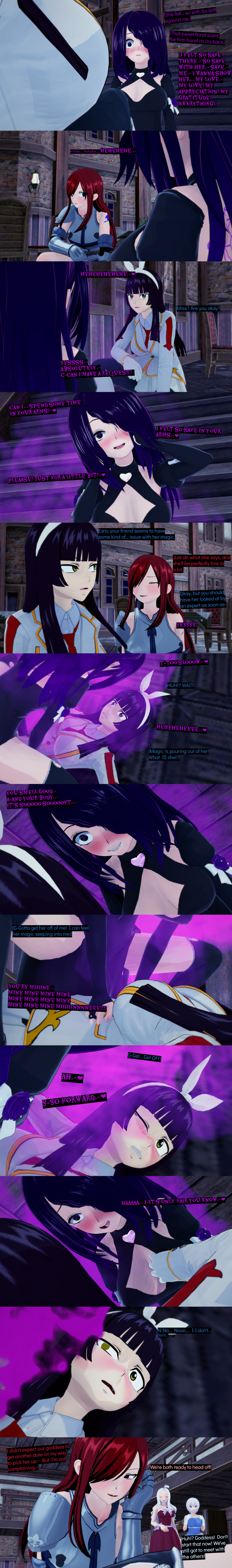 absurdres black_eyes blue_eyes blush brown_eyes closed_eyes clothed cyanstargazer dialogue english_text erza_scarlet fairy_tail female_only femsub freckles hair_covering_one_eye kagura_mikazuchi lisanna_strauss long_hair mirajane_strauss multiple_girls multiple_subs red_hair sisters text white_hair