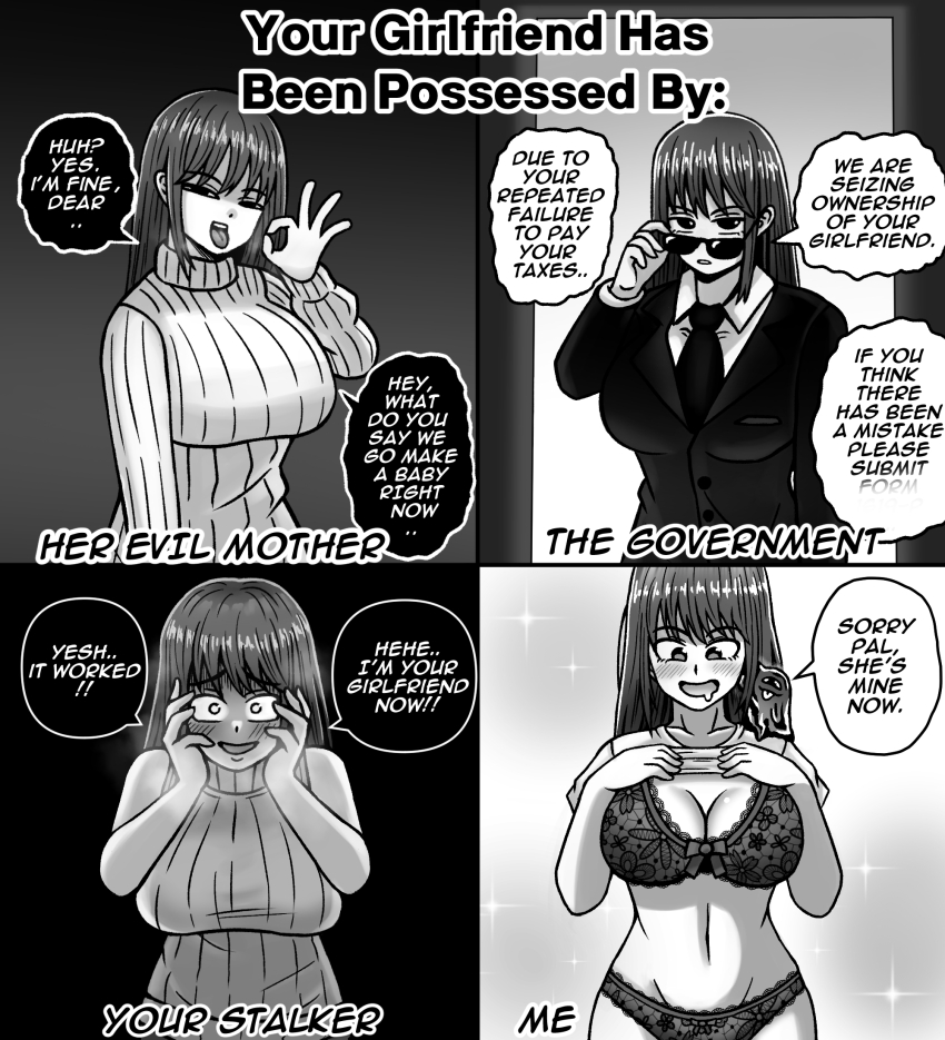 alternate_costume androgynous_dom blush bra breasts chadjacker character_request cleavage drool english_text expressionless femdom femsub greyscale happy_trance huge_breasts humor hypnotic_slime large_breasts lingerie looking_at_viewer midriff mother_and_daughter multiple_views navel original panties possession simple_background slime smile sparkle speech_bubble suit sunglasses sweat sweater text tie tongue tongue_out underwear yandere