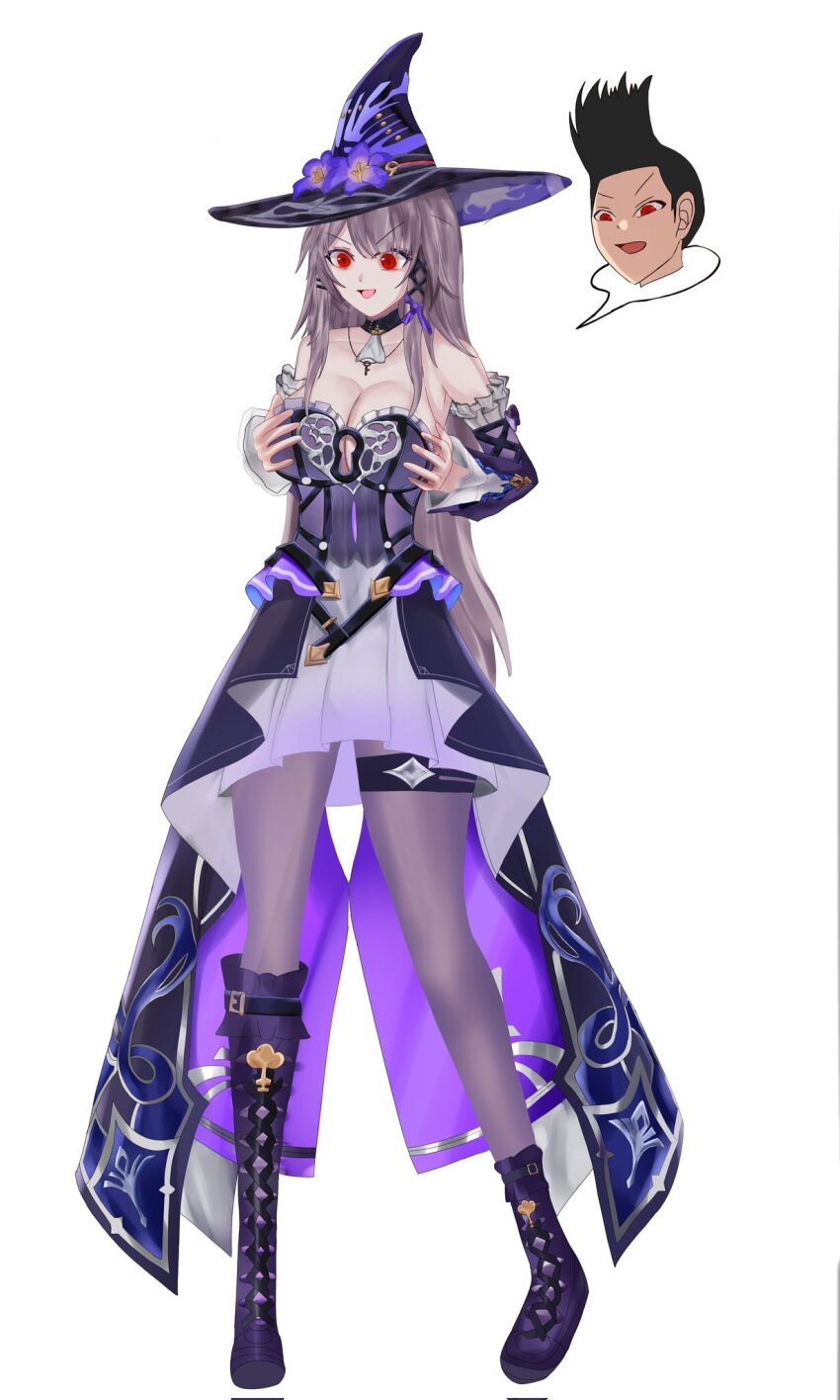 a_(adzrcool45) black_hair breast_fondling breasts brown_hair cleavage clothed dress eye_color_change femsub glowing_eyes hat herta_(honkai_star_rail) honkai_star_rail large_breasts maledom original red_eyes shoes short_hair simple_background speech_bubble very_long_hair white_background witch_hat yang_yang