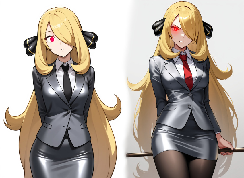 ai_art angry blonde_hair breasts corruption cx9000_(generator) cynthia expressionless femsub glowing_eyes hair_covering_one_eye hair_ornament nintendo pantyhose pokemon pokemon_diamond_pearl_and_platinum red_eyes sequence simple_background skirt suit teacher tie tight_clothing very_long_hair white_background