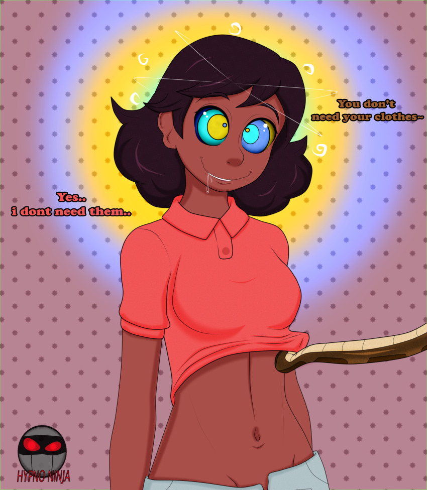 absurdres brown_hair connie_maheswaran dark_skin dialogue drool femsub glowing happy_trance hypno_ninja kaa_eyes navel shirt short_hair signature simple_background smile snake steven_universe text undressing