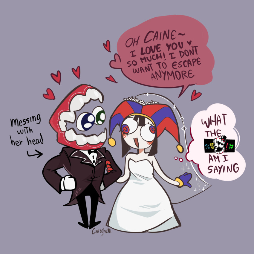 aware bare_shoulders caine_(the_amazing_digital_circus) comic crazghetti english_text femsub grey_background heart heterochromia jester love maledom nightmare_fuel open_mouth pomni simple_background smile speech_bubble spiral spiral_eyes suit symbol_in_eyes tagme text the_amazing_digital_circus thought_bubble wedding_dress