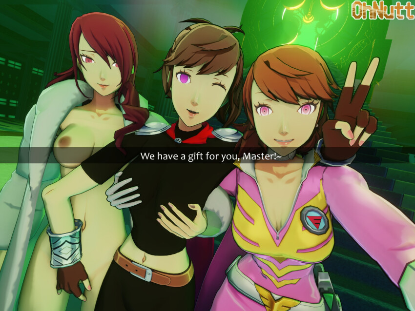 3d breasts english_text femdom femsub hypnotized_dom kotone_shiomi mitsuru_kirijo nipples nude ohnutt persona_(series) persona_3 persona_3_portable strap-on tagme text yukari_takeba yuri