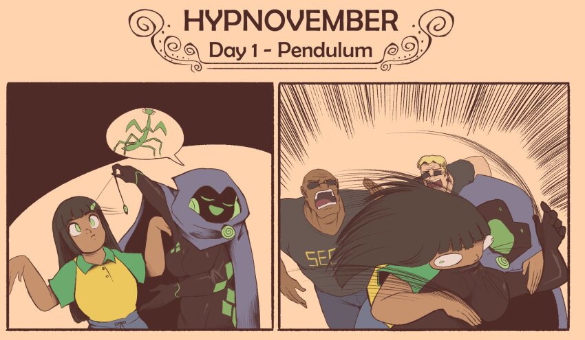 bald biting black_hair blonde_hair bodysuit border character_request copyright_request dark_skin femdom femsub green_eyes green_hair humor hypnovember mary_mavys_(pstash) open_mouth original pendulum pstash sunglasses text yuri