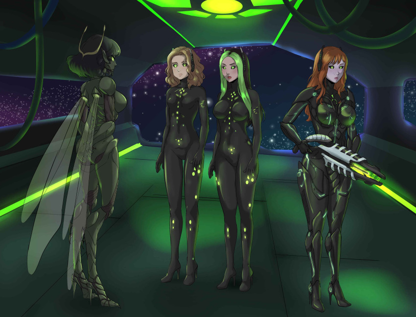 alien alien_girl antenna armor arms_behind_back artist_request black_hair black_sclera body_markings bodysuit brown_hair bug_girl drone female_only femdom femsub green_eyes green_hair gun high_heels latex multiple_subs orange_hair original standing standing_at_attention tech_control wings