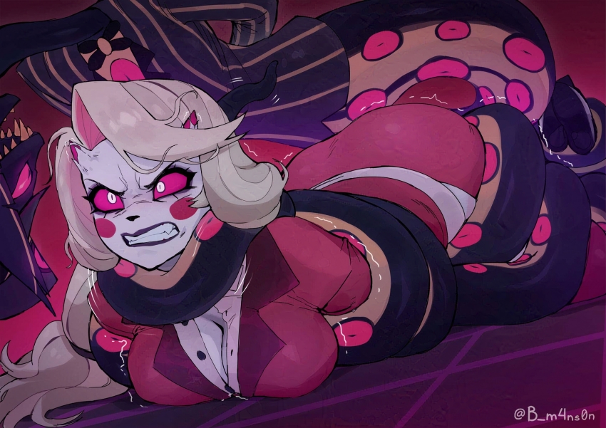 angry ass blonde_hair charlie_(hazbin_hotel) coils femsub hazbin_hotel hypnotic_eyes large_ass large_breasts long_hair m4ns0n maledom naga_boy ponytail resisting restrained sir_pentious snake