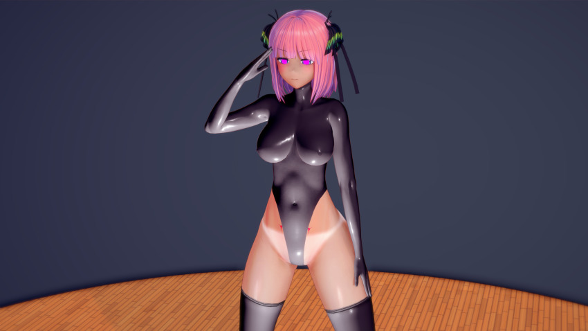 3d crotch_tattoo empty_eyes female_only femsub glowing glowing_eyes hair_ornament koikatsu! leotard moppukyunu nino_nakano pink_eyes pink_hair rubber saluting short_hair solo standing standing_at_attention tan_lines tan_skin tattoo the_quintessential_quintuplets