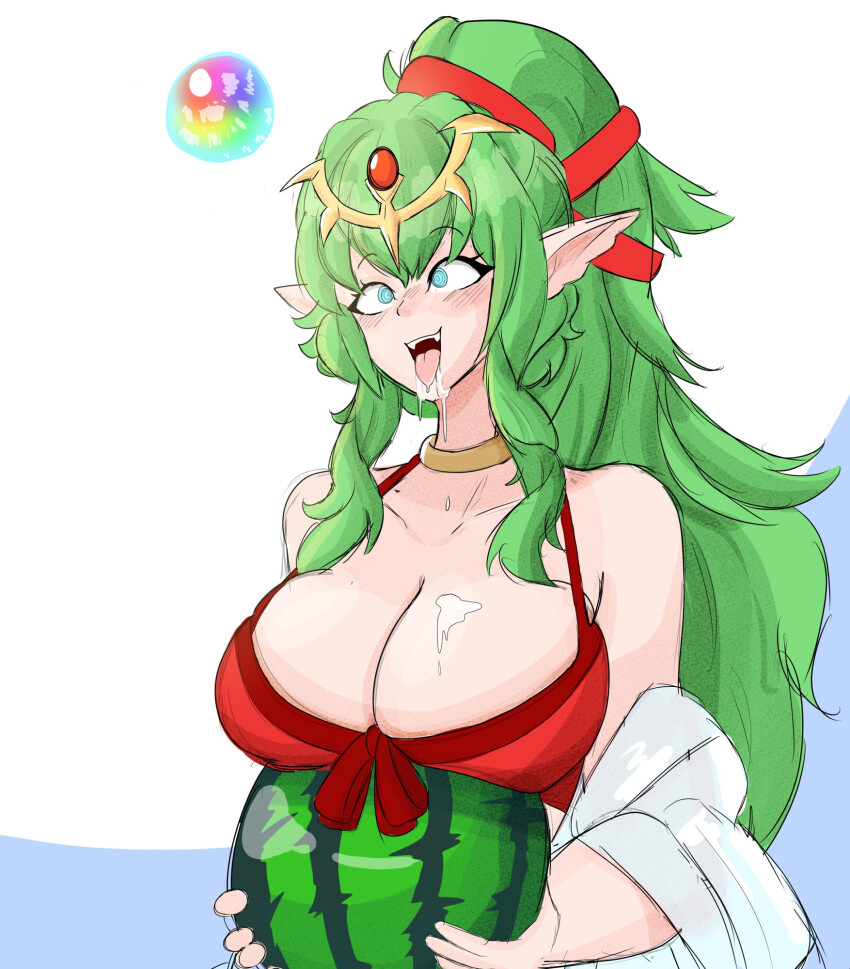 a_singular_fish bikini bikini_top blue_eyes cleavage collarbone drool elf_ears eyebrows_visible_through_hair female_only femsub fire_emblem fire_emblem_awakening fire_emblem_heroes fruit green_hair happy_trance headdress jewelry large_breasts long_hair necklace nintendo open_mouth orb ponytail solo spiral_eyes tiki_(fire_emblem) tongue tongue_out