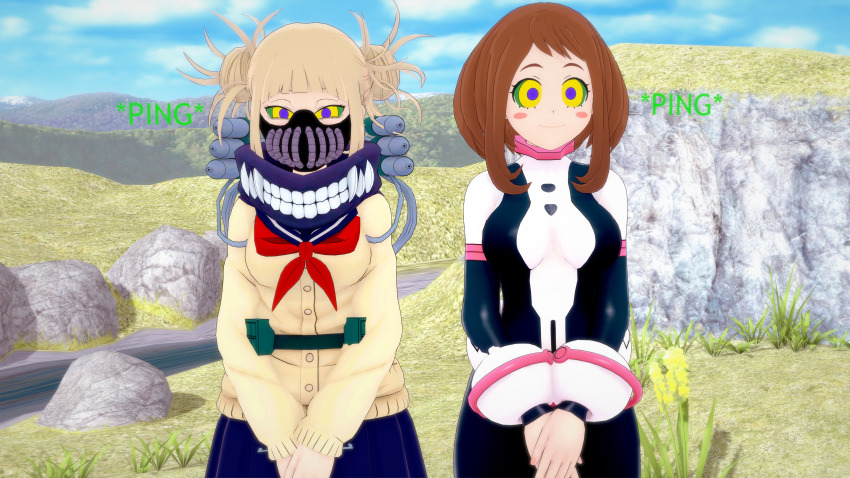 3d blonde_hair brown_hair femsub finalheart happy_trance himiko_toga my_hero_academia ochaco_uraraka short_hair spiral_eyes