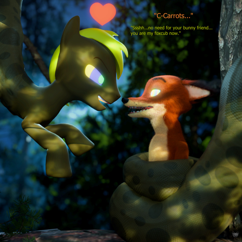 3d coils dazed dialogue fox_boy heart hypnotic_eyes jungle kaa_eyes male_only maledom malesub mercfox438 mesme_rize_(mesme_rize) my_little_pony nick_wilde original snake_boy zootopia