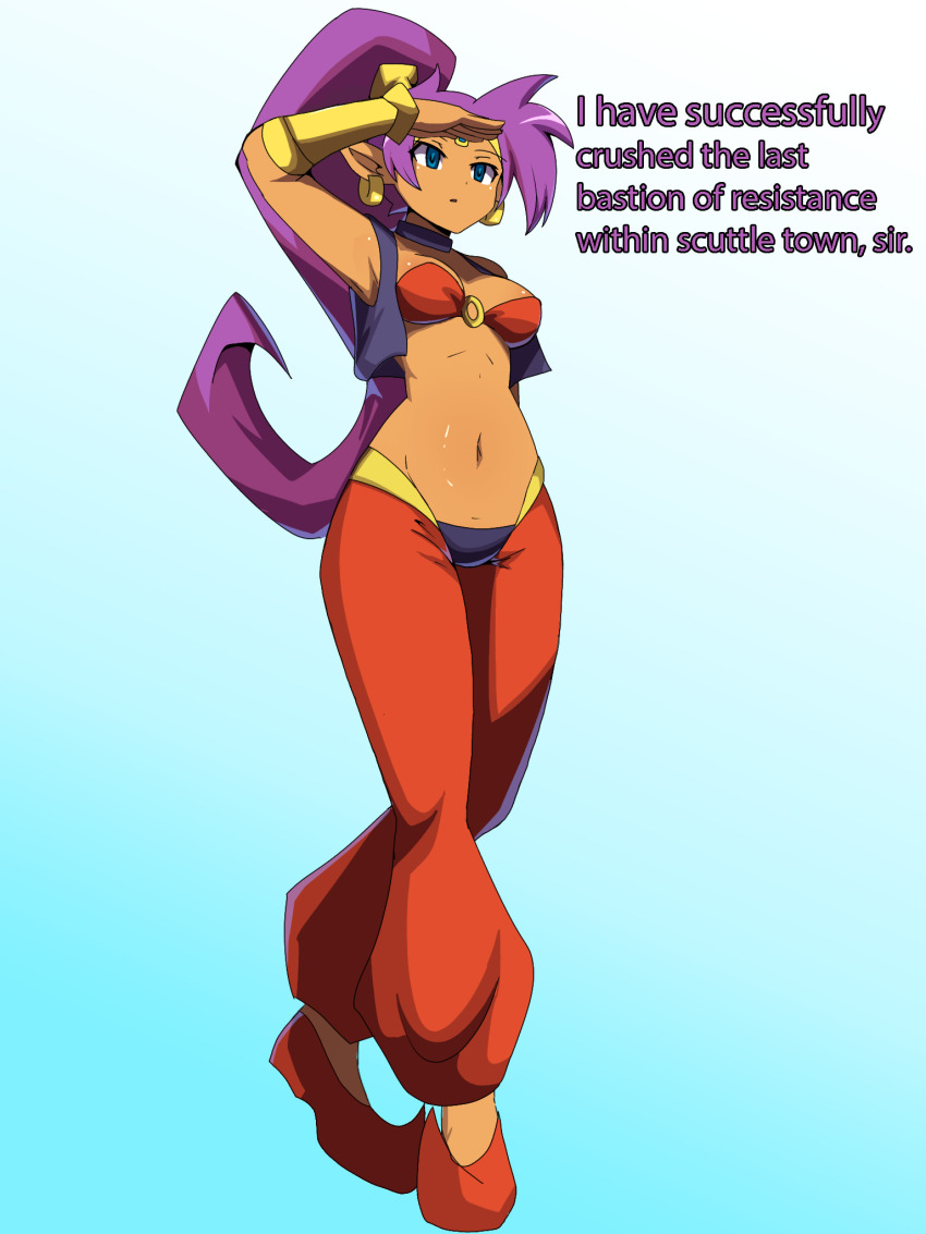 blue_eyes clothed expressionless femsub genie ponytail purple_hair saluting shantae shantae_(series) standing_at_attention zukafu_shimoto